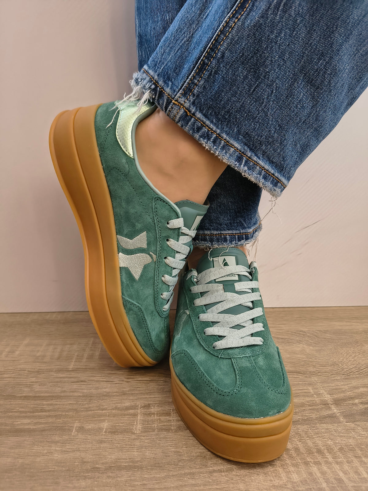 PANTOFI CASUAL DAMA SKECHERS 185430 GRN VERDE DESCHIS VELUR - imagine 6