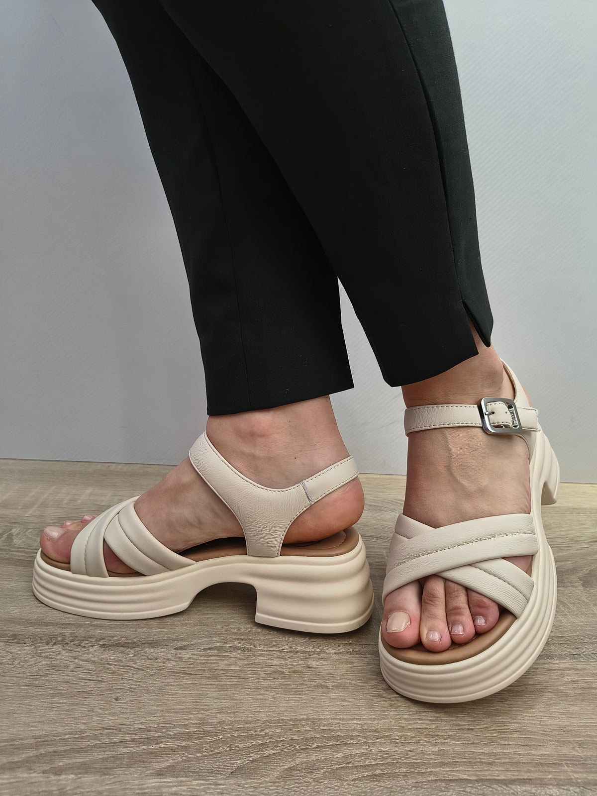 Sandale Casual Damă Formazione 49013 Crem - Piele Naturală - imagine 4