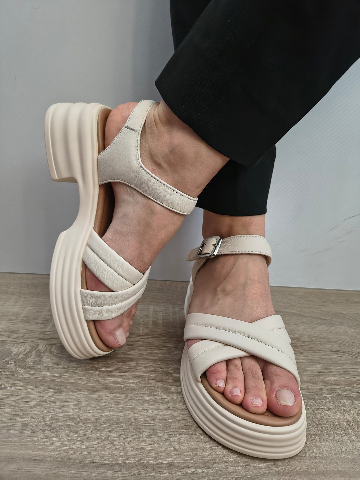 Sandale Casual Damă Formazione 49013 Crem - Piele Naturală - imagine 7