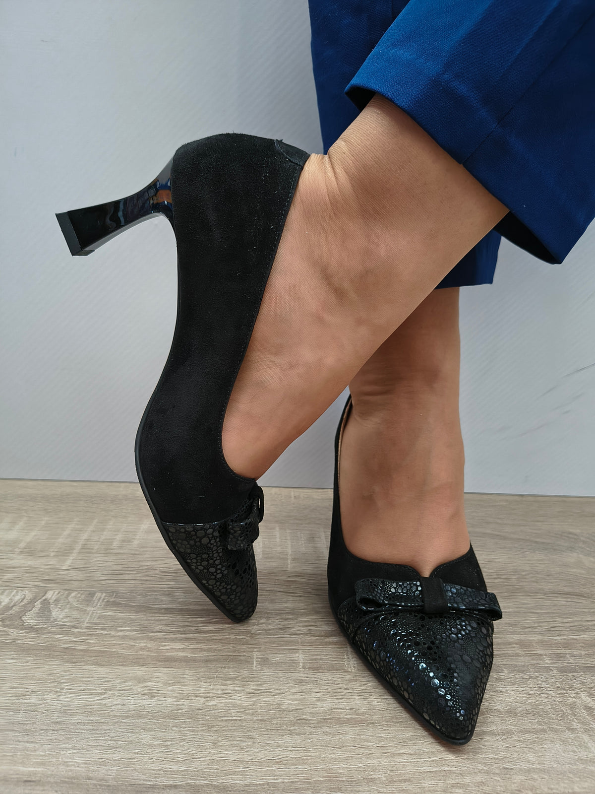 Pantofi Eleganti Damă Antonio 9420 Negru Velur + Effect - Piele Naturală Întoarsă - imagine 5