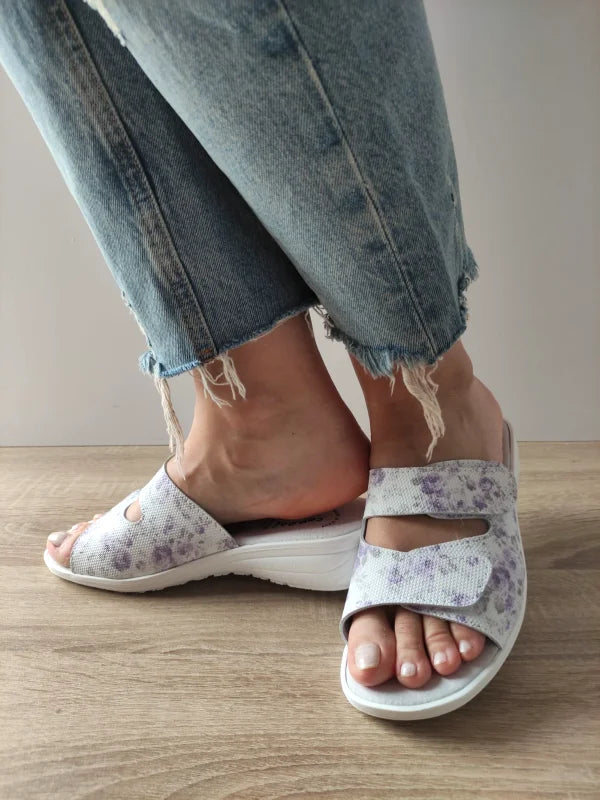 SABOTI MEDICALI DAMA COMODA 2 VELCRI ALBI + FLORI LILA - imagine 2