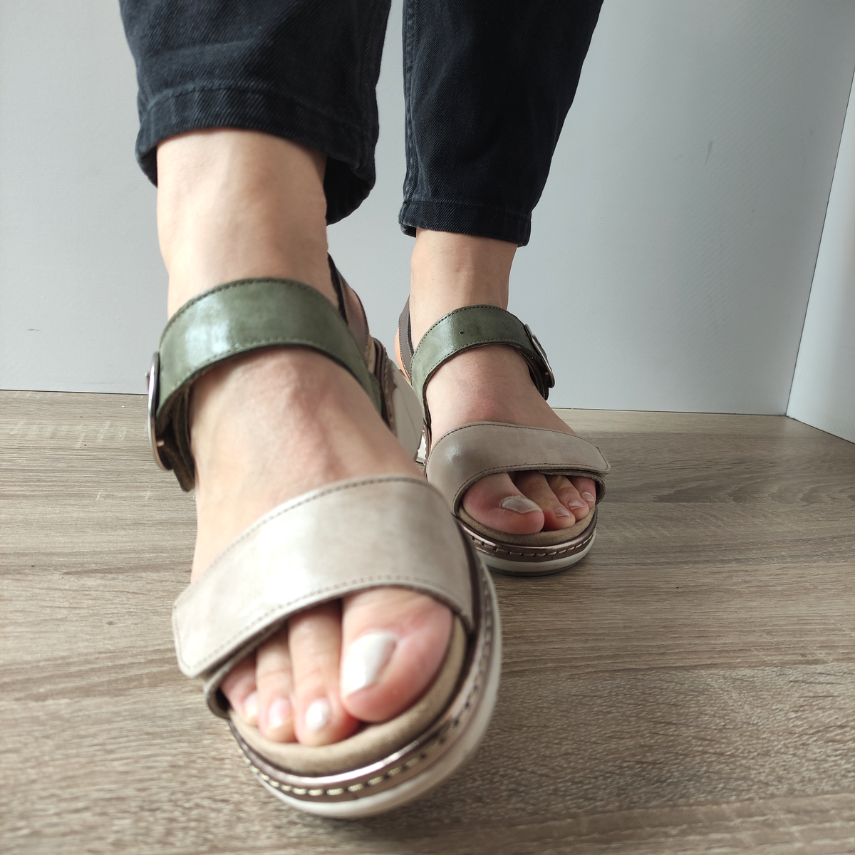 SANDALE CASUAL DAMA SUAVE 18004AT AZORES 97-N BEJ CU VERDE - imagine 4