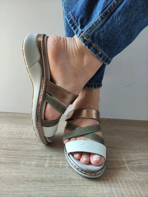 SANDALE CASUAL DAMA SUAVE 18008T AZORES 17-N KAKI + ALB + BRONZE - imagine 3