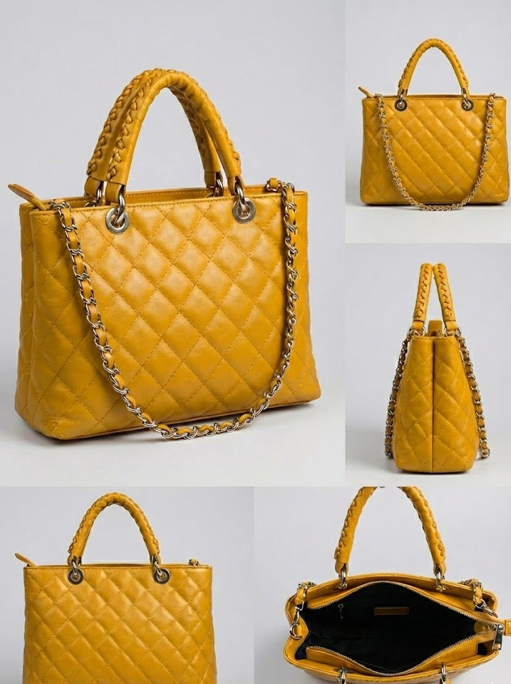 Geantă Piele Naturală Matlasată Galben Muștar | Design Elegant