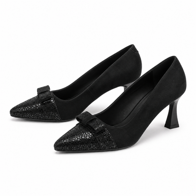 Pantofi Eleganti Damă Antonio 9420 Negru Velur + Effect - Piele Naturală Întoarsă