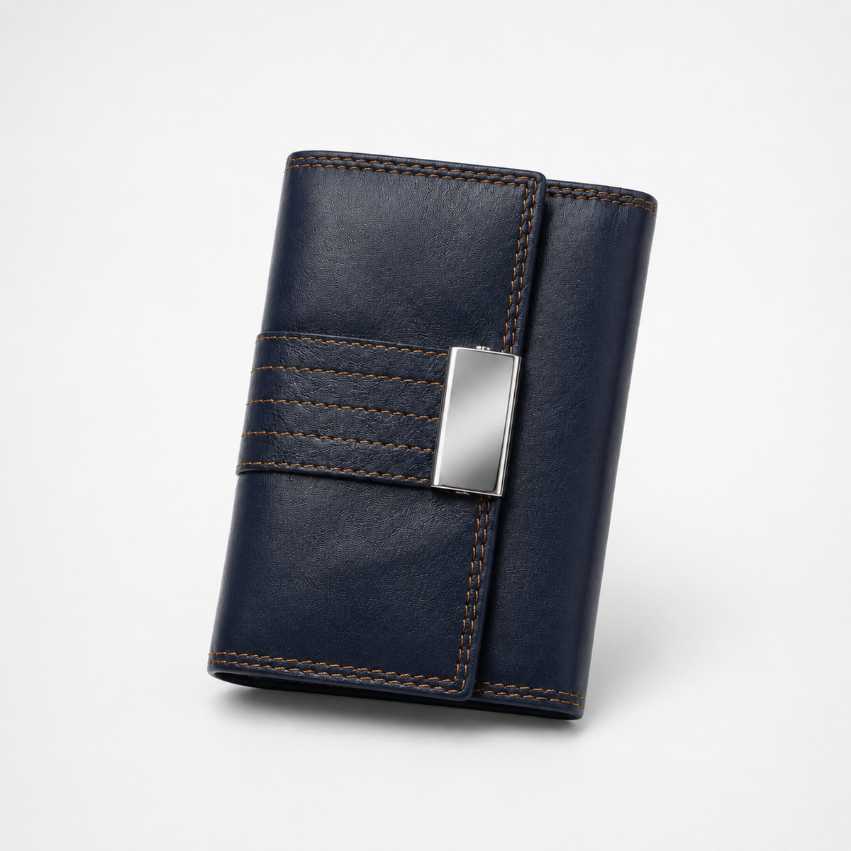 Portofel Damă Piele Naturală Bleumarin Cusături Portocalii | PRO 46-10-32 - imagine 3