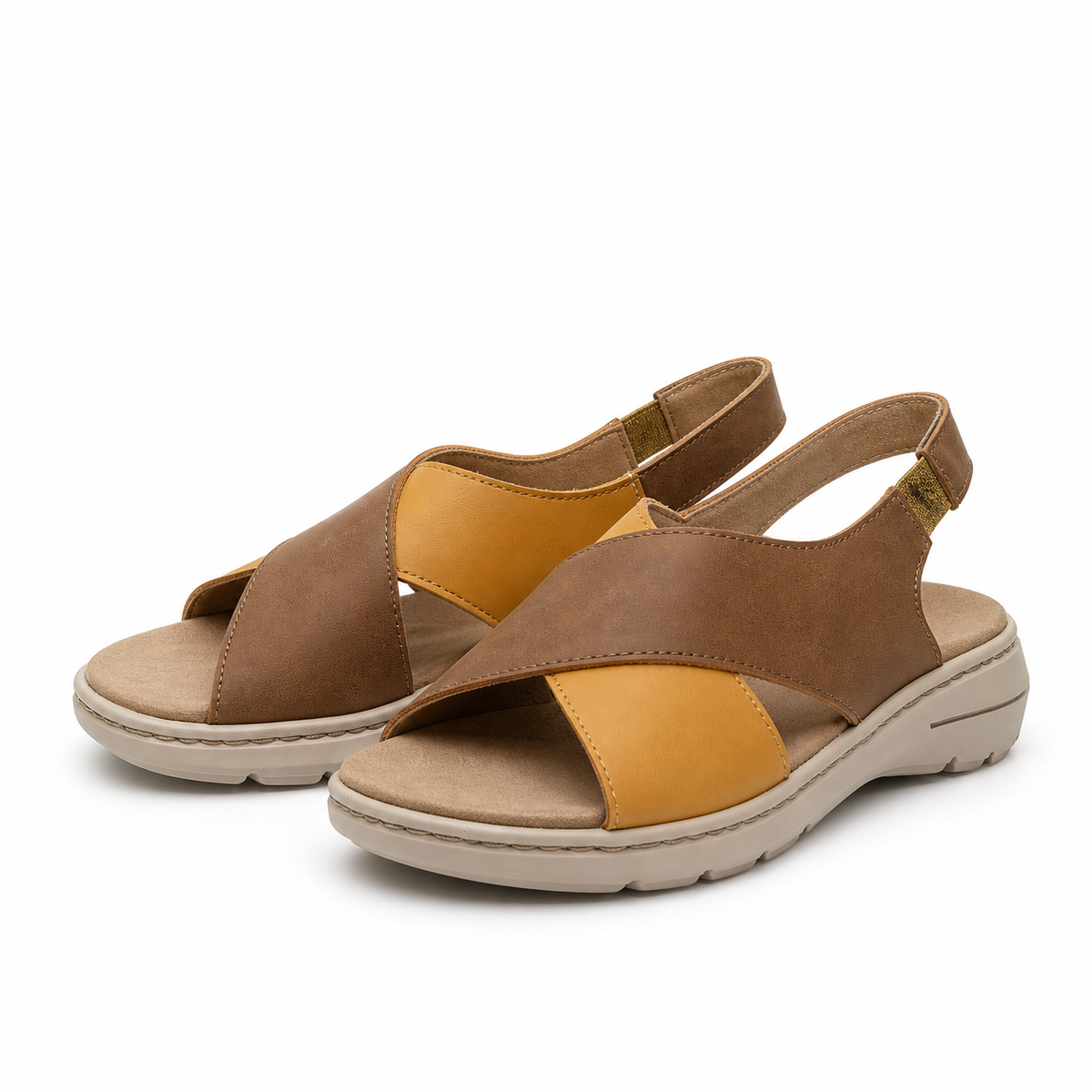 Sandale Casual Damă Suave 20008T Maro + Galben - Piele Naturală