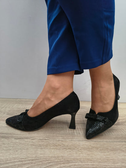Pantofi Eleganti Damă Antonio 9420 Negru Velur + Effect - Piele Naturală Întoarsă
