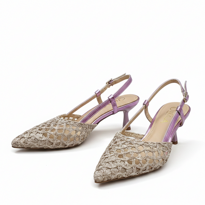 Sandale Elegante Damă Epica D2506-22 J1-Z Bej + Lila - Textil + Piele Naturală