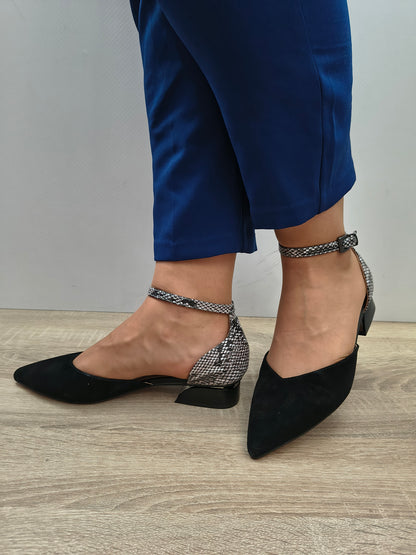Sandale Elegante Damă Karisma 80006B 01-I Negru Velur/croco - Piele Naturală Întoarsă + Piele Naturală