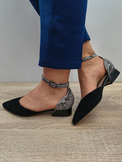 Sandale Elegante Damă Karisma 80006B 01-I Negru Velur/croco - Piele Naturală Întoarsă + Piele Naturală