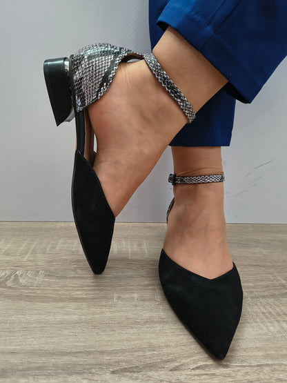 Sandale Elegante Damă Karisma 80006B 01-I Negru Velur/croco - Piele Naturală Întoarsă + Piele Naturală