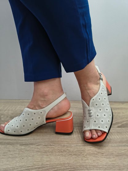 Sandale Elegante Damă Karisma 60021C 52-N Off White/orange - Piele Naturală