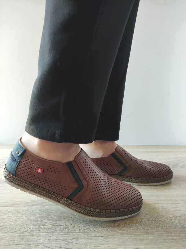 PANTOFI CASUAL PERFORATI BARBATI RIEKER B5297-24 MARO + BLEUMARIN