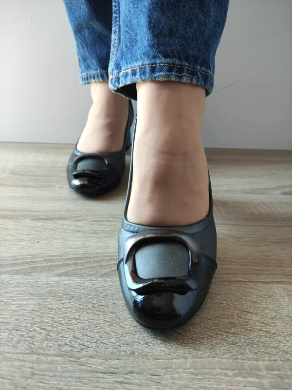 PANTOFI ELEGANTI DAMA KARISMA 60008C 51-N GRI METALIC + NEGRU LAC