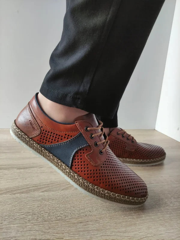 PANTOFI CASUAL PERFORATI BARBATI RIEKER B5214-24 MARO CU BLEUMARIN - imagine 2
