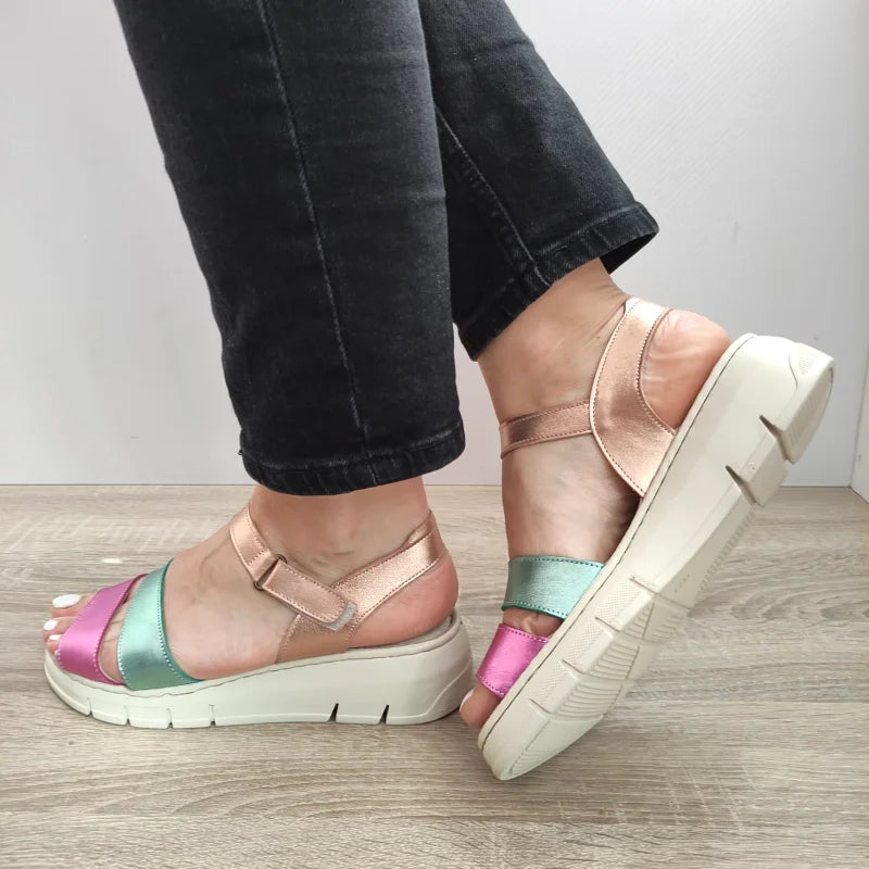 SANDALE CASUAL DAMA BIO FLEX FR-404 ROZ CU VERDE METALIC SI BEJ