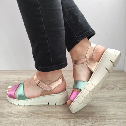 SANDALE CASUAL DAMA BIO FLEX FR-404 ROZ CU VERDE METALIC SI BEJ