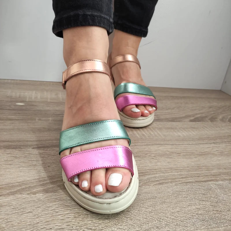 SANDALE CASUAL DAMA BIO FLEX FR-404 ROZ CU VERDE METALIC SI BEJ
