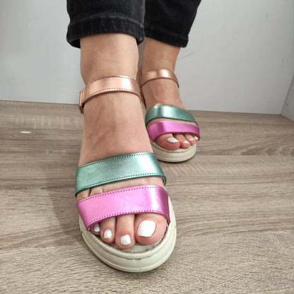 SANDALE CASUAL DAMA BIO FLEX FR-404 ROZ CU VERDE METALIC SI BEJ