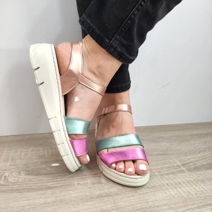 SANDALE CASUAL DAMA BIO FLEX FR-404 ROZ CU VERDE METALIC SI BEJ