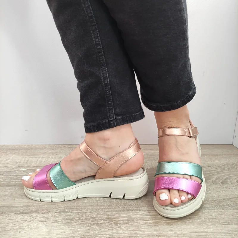 SANDALE CASUAL DAMA BIO FLEX FR-404 ROZ CU VERDE METALIC SI BEJ - imagine 5