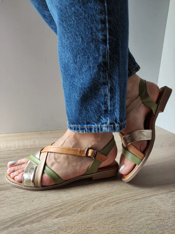 SANDALE CASUAL DAMA DOGATI 059 A406 OLIVE CU BEJ SI AURIU - imagine 3