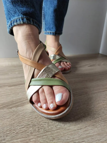 SANDALE CASUAL DAMA DOGATI 059 A406 OLIVE CU BEJ SI AURIU