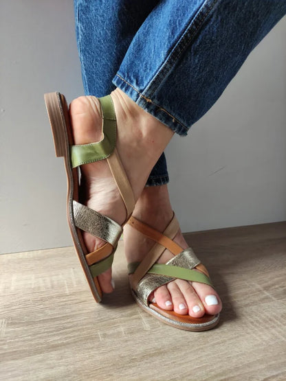 SANDALE CASUAL DAMA DOGATI 059 A406 OLIVE CU BEJ SI AURIU