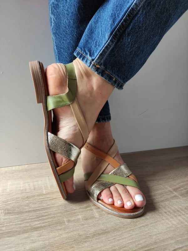 SANDALE CASUAL DAMA DOGATI 059 A406 OLIVE CU BEJ SI AURIU - imagine 5