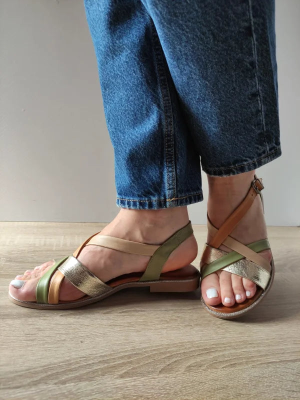 SANDALE CASUAL DAMA DOGATI 059 A406 OLIVE CU BEJ SI AURIU - imagine 2