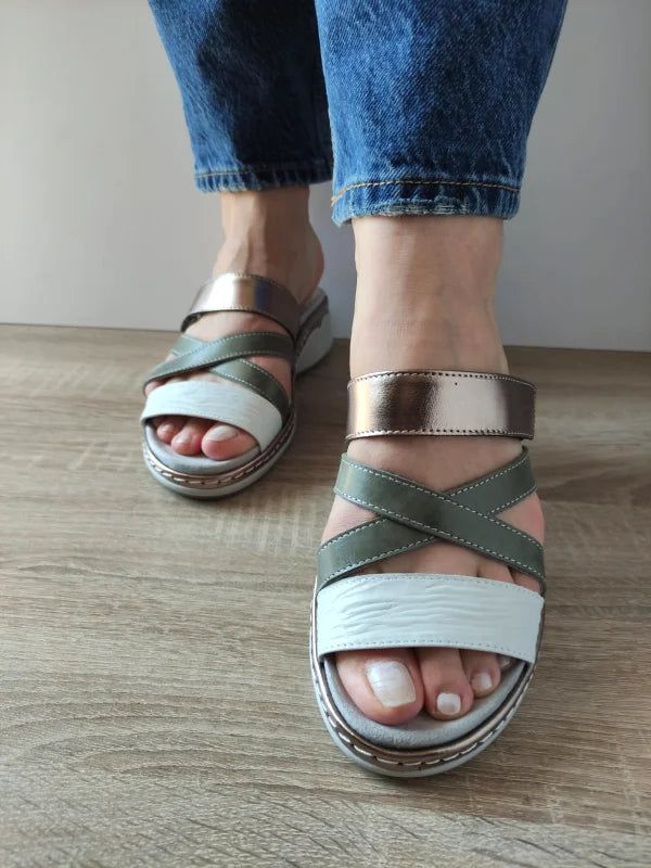 SANDALE CASUAL DAMA SUAVE 18008T AZORES 17-N KAKI + ALB + BRONZE - imagine 4