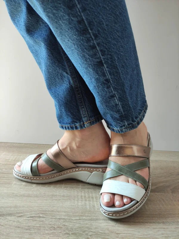 SANDALE CASUAL DAMA SUAVE 18008T AZORES 17-N KAKI + ALB + BRONZE - imagine 2