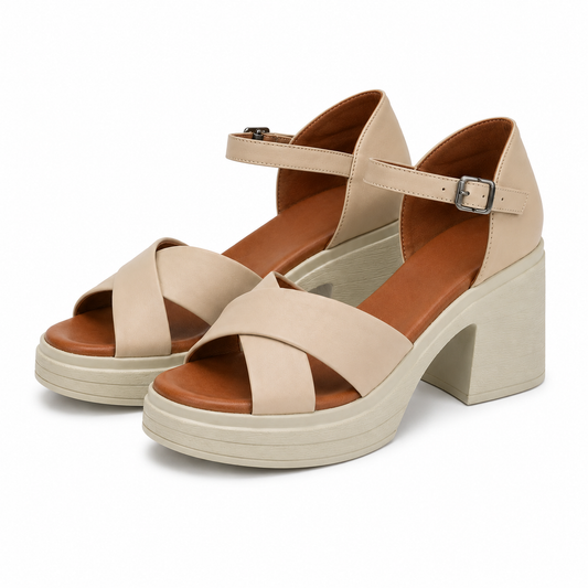 Sandale Casual Dama Piele Naturala Nude Dogati 10407 - cu Toc Bloc Piele