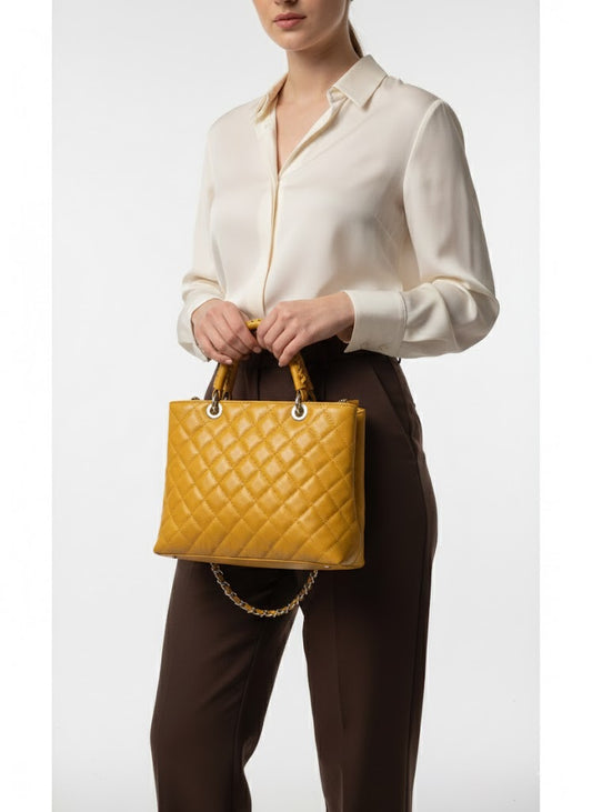 Geantă Piele Naturală Matlasată Galben Muștar | Design Elegant