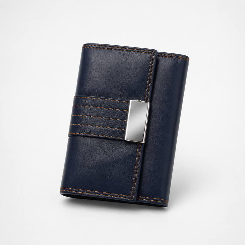 Portofel Damă Piele Naturală Bleumarin Cusături Portocalii | PRO 46-10-32 - imagine 3