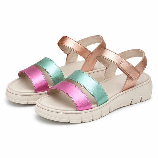 SANDALE CASUAL DAMA BIO FLEX FR-404 ROZ CU VERDE METALIC SI BEJ