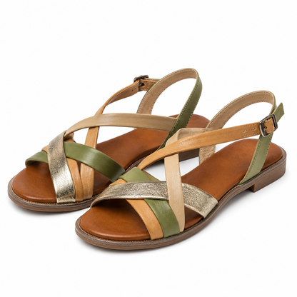 SANDALE CASUAL DAMA DOGATI 059 A406 OLIVE CU BEJ SI AURIU