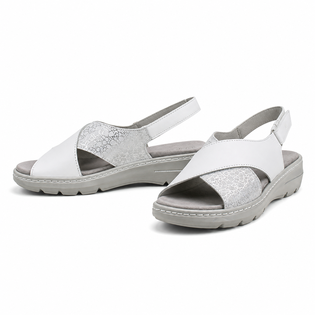 Sandale Casual Damă Suave SU20008T Alb + Argintiu - Piele Naturală